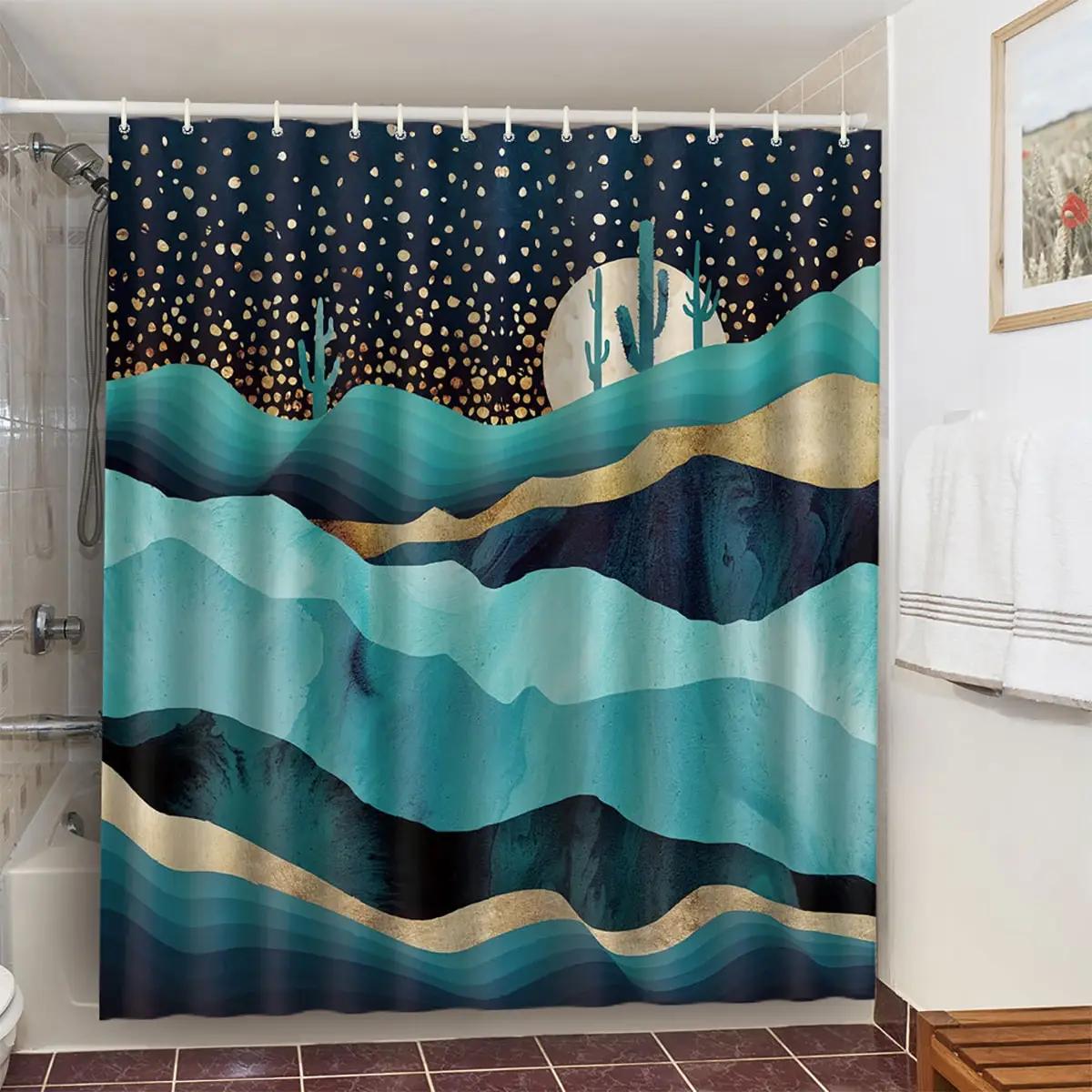 

Ocean Mountain Peak Landscape Shower Curtains Chinese Style Art Light Luxury Home Decor Bedroom Bathroom Curtain With 12 Hooks W60H190(CM)-1 Pcs
