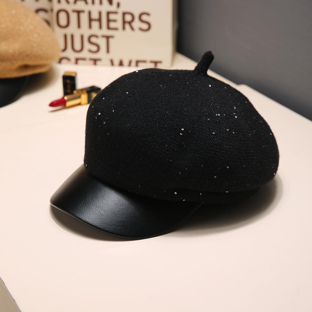 Korean Versatile Little Fragrance Style Sequin Beret Autumn and Winter British Retro Warm Octagonal Hat Outdoor Casual Hat Women