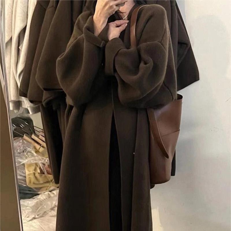 Dame Høst og Vinter Lat Stil Myk og Klebrig Designfølelse Ensfarget Retro Lang Genserjakke Strikket Cardigan Kåpe for Kvinner