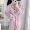 Rosa gestreiftes Pyjama-Set, Loungewear, lange Ärmel, Hose, Homewear, bedrucktes Revers, Nachtwäsche aus Satin, lockere Freizeitnachtwäsche für Damen
