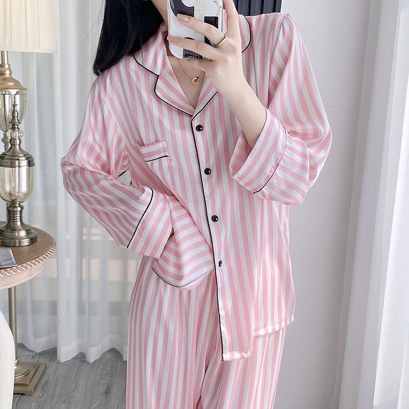 Rosa gestreiftes Pyjama-Set, Loungewear, lange Ärmel, Hose, Homewear, bedrucktes Revers, Nachtwäsche aus Satin, lockere Freizeitnachtwäsche für Damen