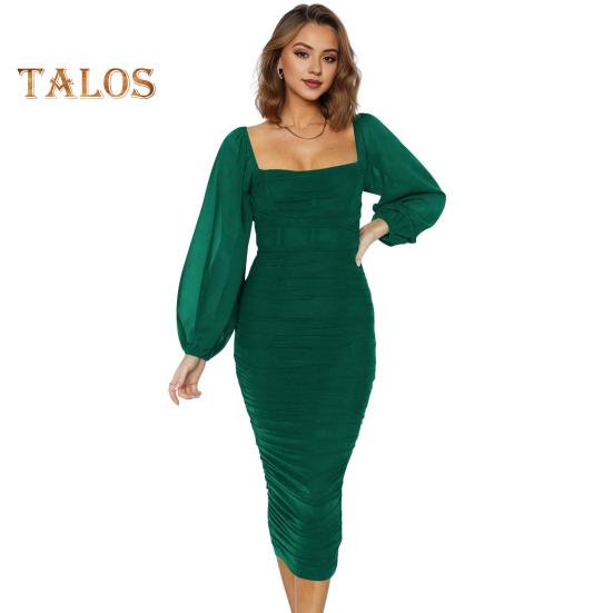 

Женское вечернее платье с квадратным вырезом, сетчатым рукавом-фонариком, плиссированное облегающее платье чистого цвета, длиной до середины икры, миди-платье для выпускного вечера, официальной вечеринки S зелёный