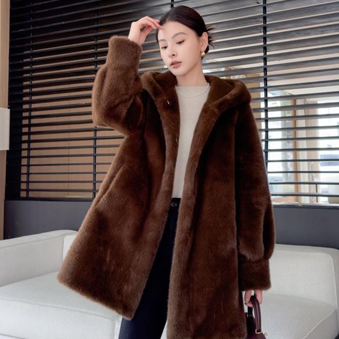 Women's Winter Fur Coat Mid-Length Thickened Eco-Friendly Hooded Fur Coat Faux Mink Fur Coat