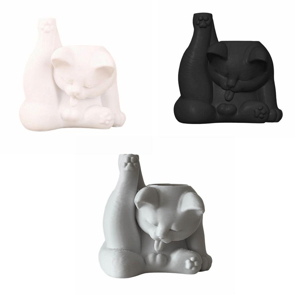 Funny Makeup Brush Holder 3D Printed Desk Storage Box Licking Paw Cat Statue Stationery Storage