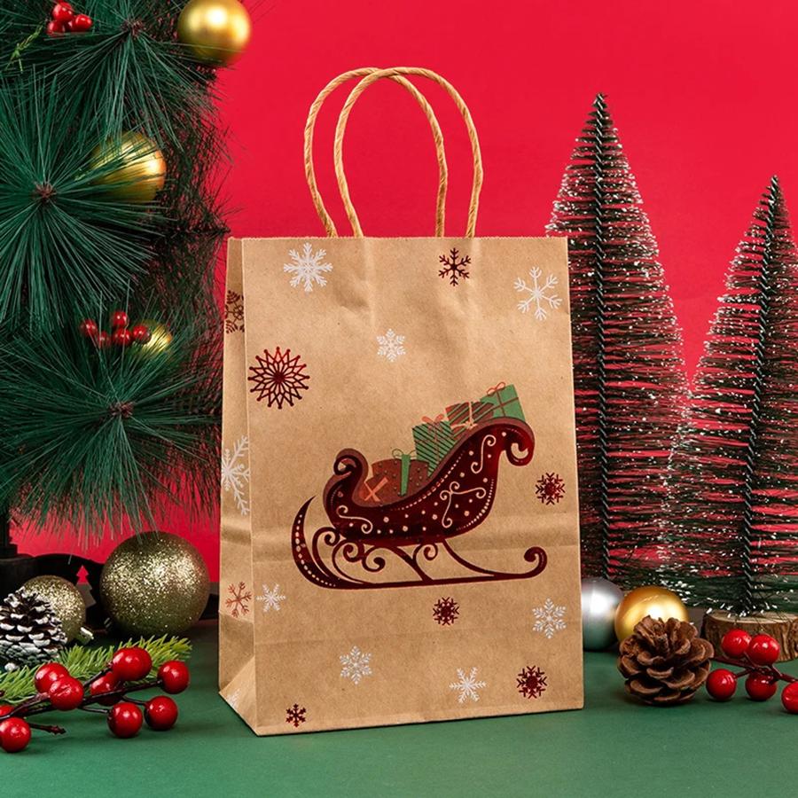 5PCS Christmas Tote Bag Christmas Eve Party Gifts Kraft Paper Gift Bags Hot Stamped Elk Snowflake Bags