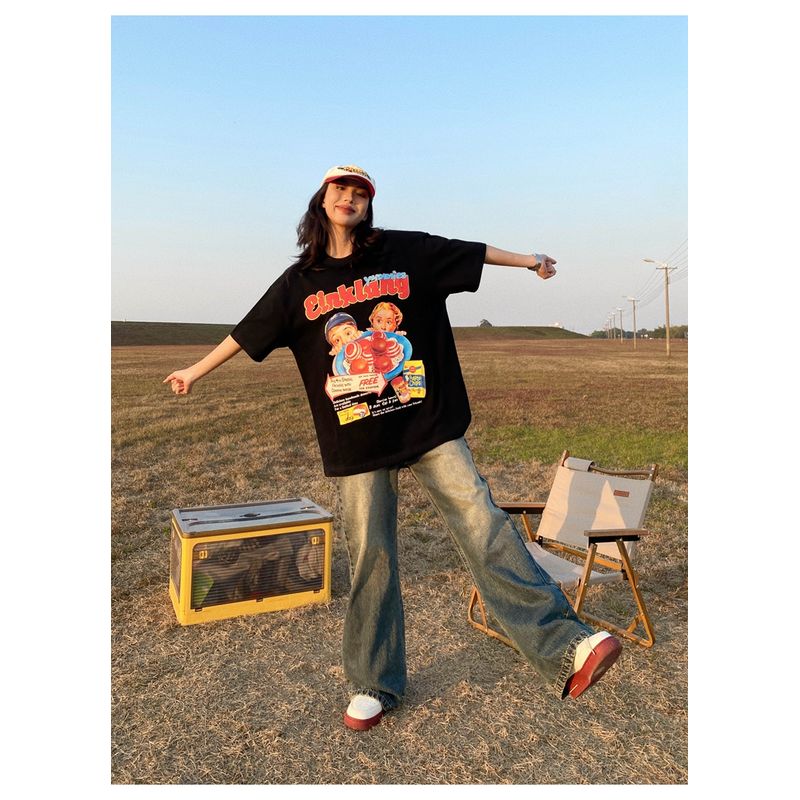 

American Retro Cartoon Red Short Sleeve T-Shirt Female Summer Fashion Brand Vintage Fashion Loose Street Couple s Tops Black M