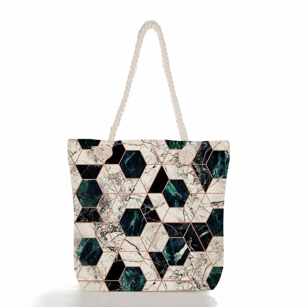 Multifunctional Geometric Shapes Printed Thick Rope Shoulder Beach Bag Casual Large Capacity Handbag 7591