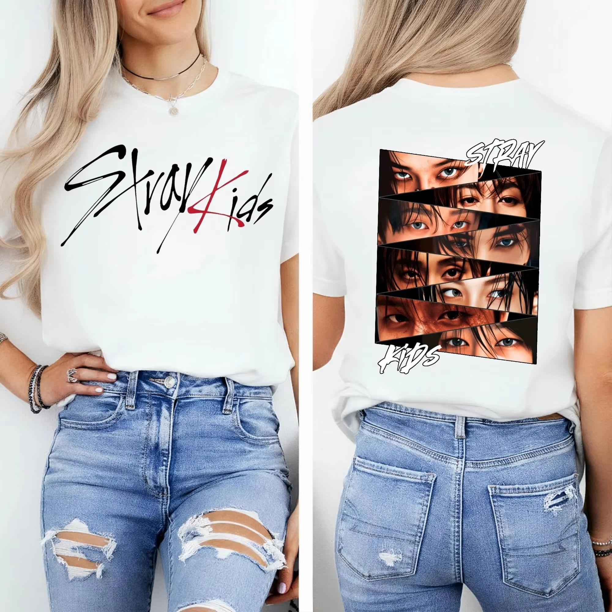 KPop Stray Kids Augen Collage T-Shirt Herren Damen Sommer Baumwolle Kleidung Vintage Hip Hop Hohe Qualität Kurzarm Streetwear Kleidung S rosa