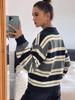 2026 Autumn/Winter Women's Color Block Striped Knit Sweater - Casual, Loose Fit with Lapel