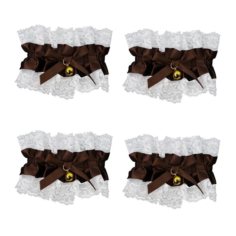 4Pcs Delicate Lace Trimmed Bows Charm Bracelet With Bells Decoration Anklet Gift for Halloween Prom Masquerades