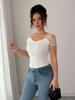2025 Fashionable Women's Slim Fit Lace Patchwork Square Neck Short Sleeve Top