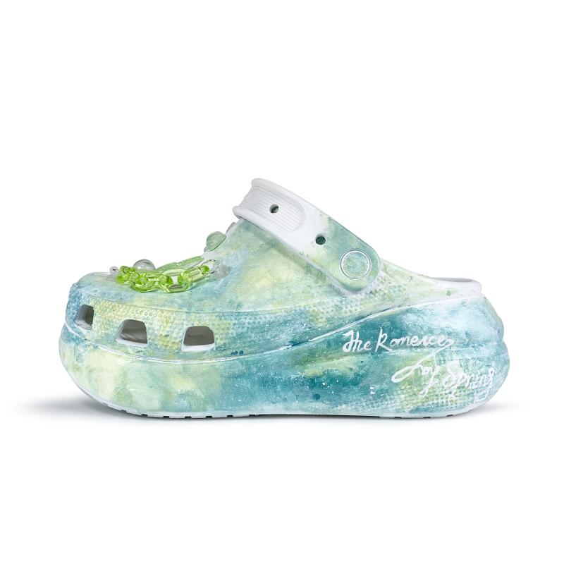 Crocs Crush Clog Ink Colour Spring Fresh National Style Shoe Flower Gift Box Hole Shoes Unisex White and Green
