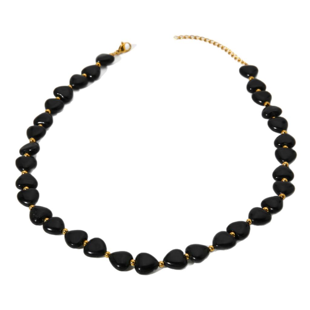 Hot Sale Fashion Sweet Cool Black Peach Heart Natural Stone Beaded Bracelet Necklace Plated 18k Gold Stainless Steel Jewelry