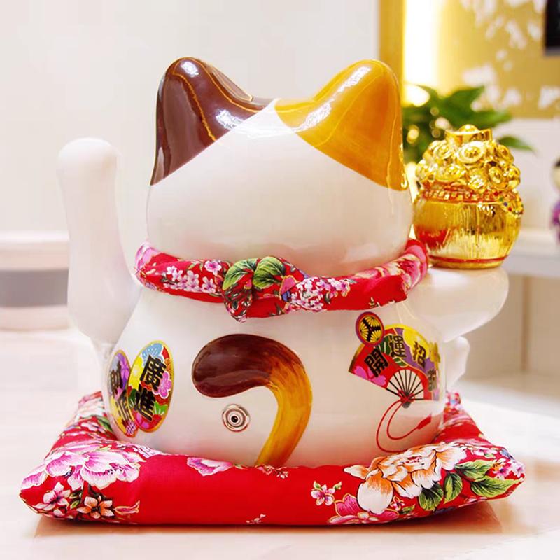 10.2 Inch Large Lucky Cat Statue Maneki Neko Ornament Ceramic Beckoning Cat with Movable Arm Porcelain Fortune Cat Figurine