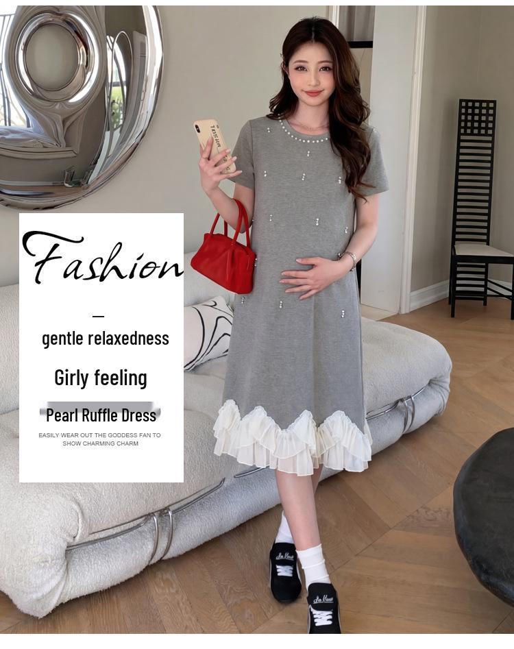 2026 Summer Petite Maternity Knit Dress - Korean Style, Loose-Fit, Slimming, Round Neck