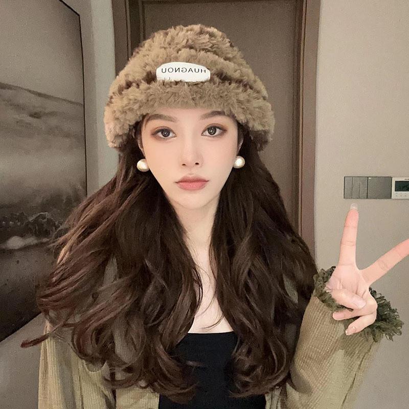 Fashionable Warm Knit Hat For Women Trendy Fluffy Beanie With Cute Bear Patch