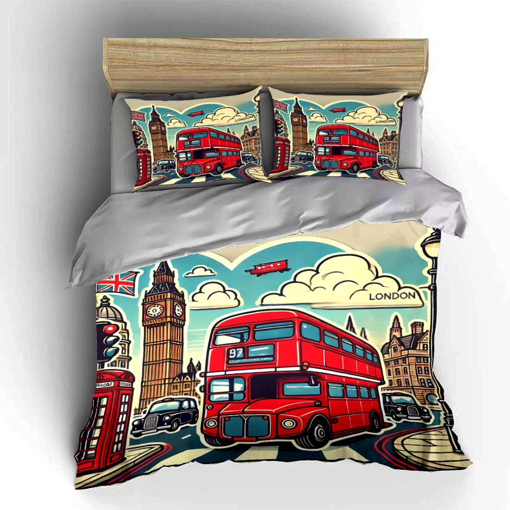 London Travel Icon Set Bedding Set with 1 Duvet Cover 2 Pillowcases Single Double King Queen, Gift