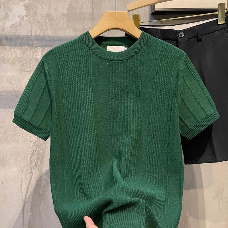 Herren Strick T-Shirt Kurzarm Schwergewicht Sommer Slim Fit Lässig Gestreiftes T-Shirt Strickwaren Ärmel Koreanischer Trend Hochelastisch