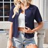 Women European Style Short Sleeve Button Front Cropped Round Neck Knitted Cardigan Sweater