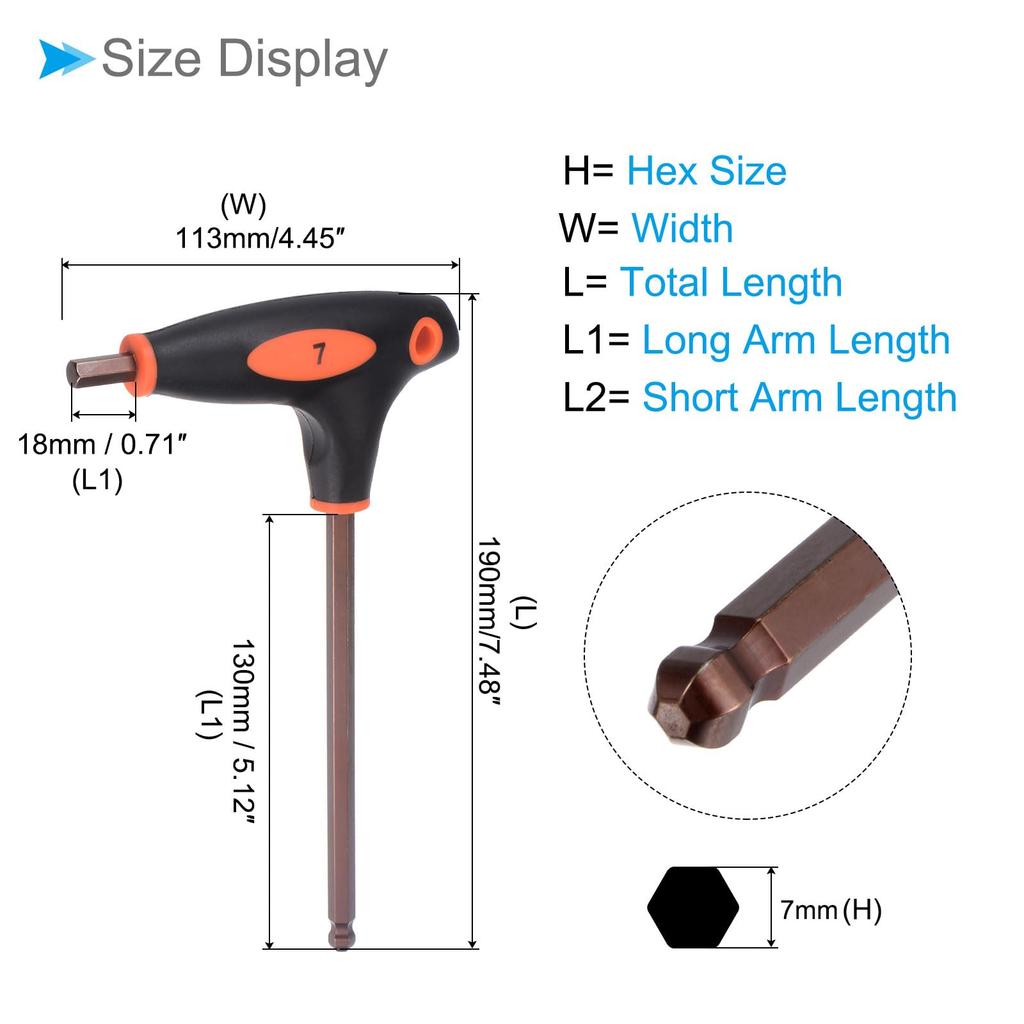 CoCud Ball End Hex 7mm S2 Metallic Black Basic Home Repair and Mechanical 1 Piece T-Handle Key, Hex, Steel, T-Key Wrench, (Application Maintenance),