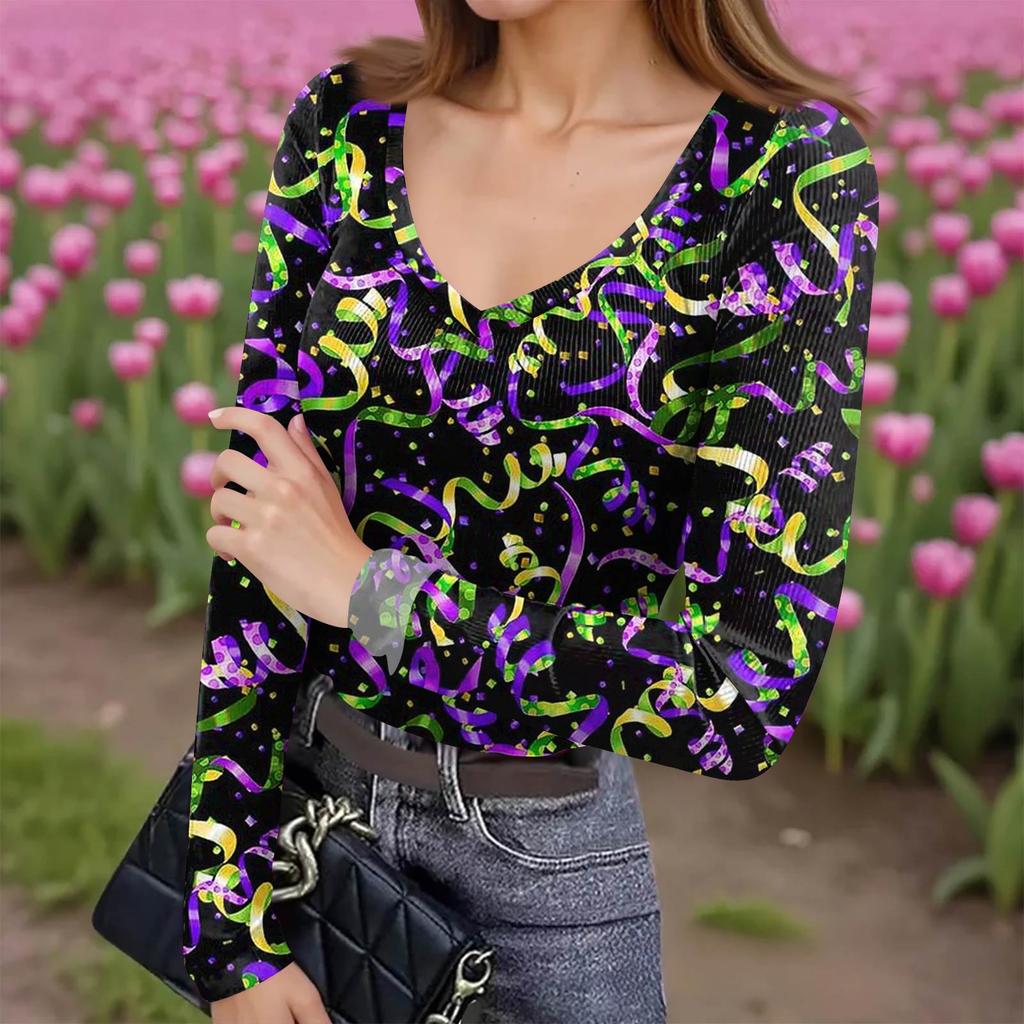 Women's Winter Slim-Fit Base Layer T-Shirt Fashionable  Print V-Neck Pullover Long-Sleeved Top