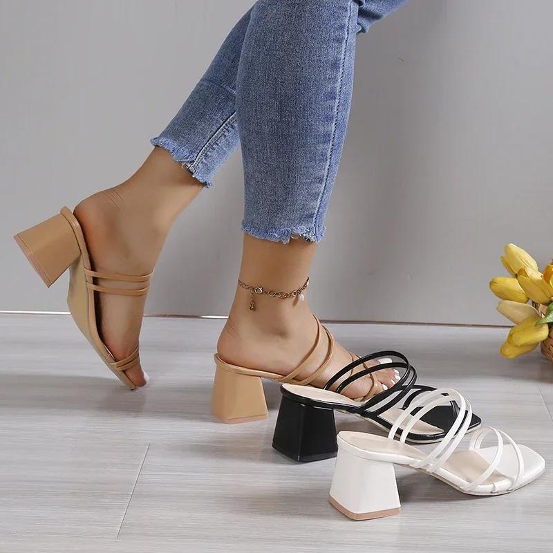 Women Sandals Ladies Square Heels Elegant Summer Slippers Outside Cross Tied Leather Female Slides 2025 Fashion Woman Sandals
