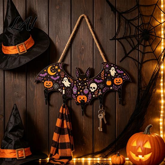 Decorative Entryway Key Hanger Halloween Bat Shaped Wooden Hook 2D Wall Mounted Hanging Decor with Holder for Pumpkin Ghost Witch Pattern,