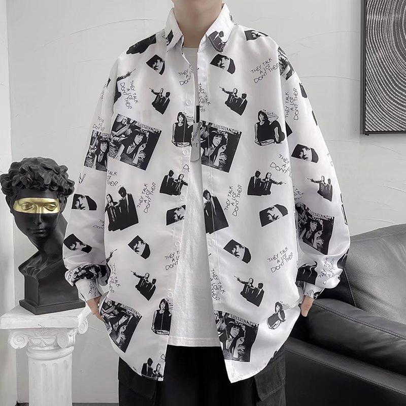 

Модная мужская рубашка весной и осенью, новая одежда в гонконгском стиле с трендовым принтом, свободная рубашка большого размера с длинными рукавами, универсальная блузка для мужчин