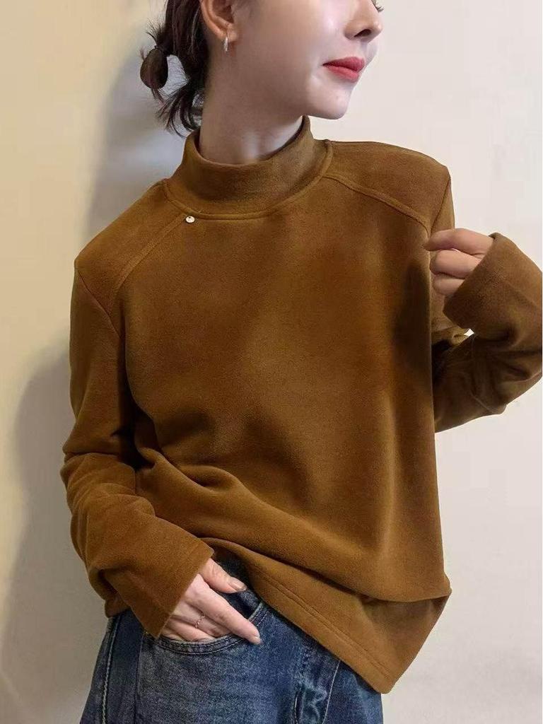 2025 Korean Chic Thermal Fleece Mock Neck Slimming Long Sleeve Women's T-shirt - Spring/Autumn
