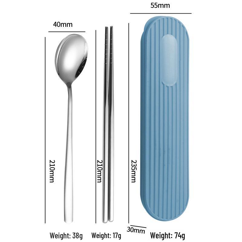 Set di Posate in Acciaio Inossidabile 304: Forchetta, Cucchiaio, Bacchette con Scatola a Strisce Verticali per Viaggio, Campeggio, Uso Studentesco