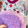 Sequins Flowers Loose Hand Knitted Women Pullover Sweaters Autumn Winter New In V-neck Colour Stripe Jumper Top C-263