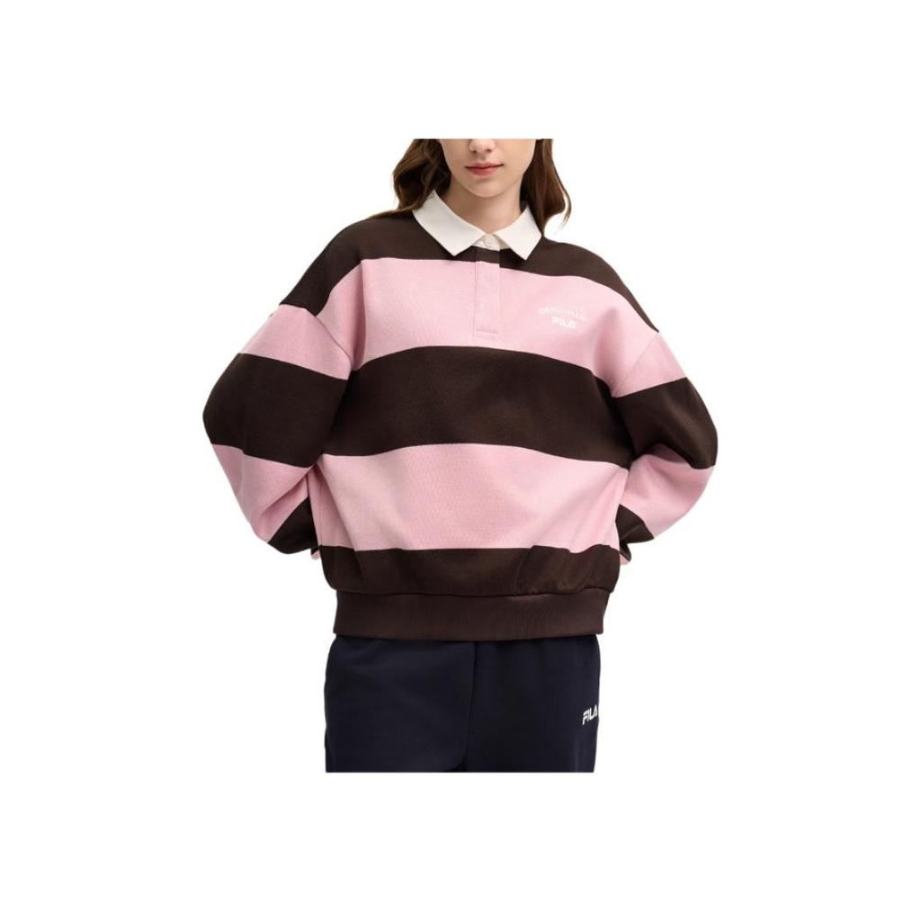 Fila Striped Knitted College Style Long Sleeve Polo Shirt Women Tops Coffee-Brown F11W519219FBN