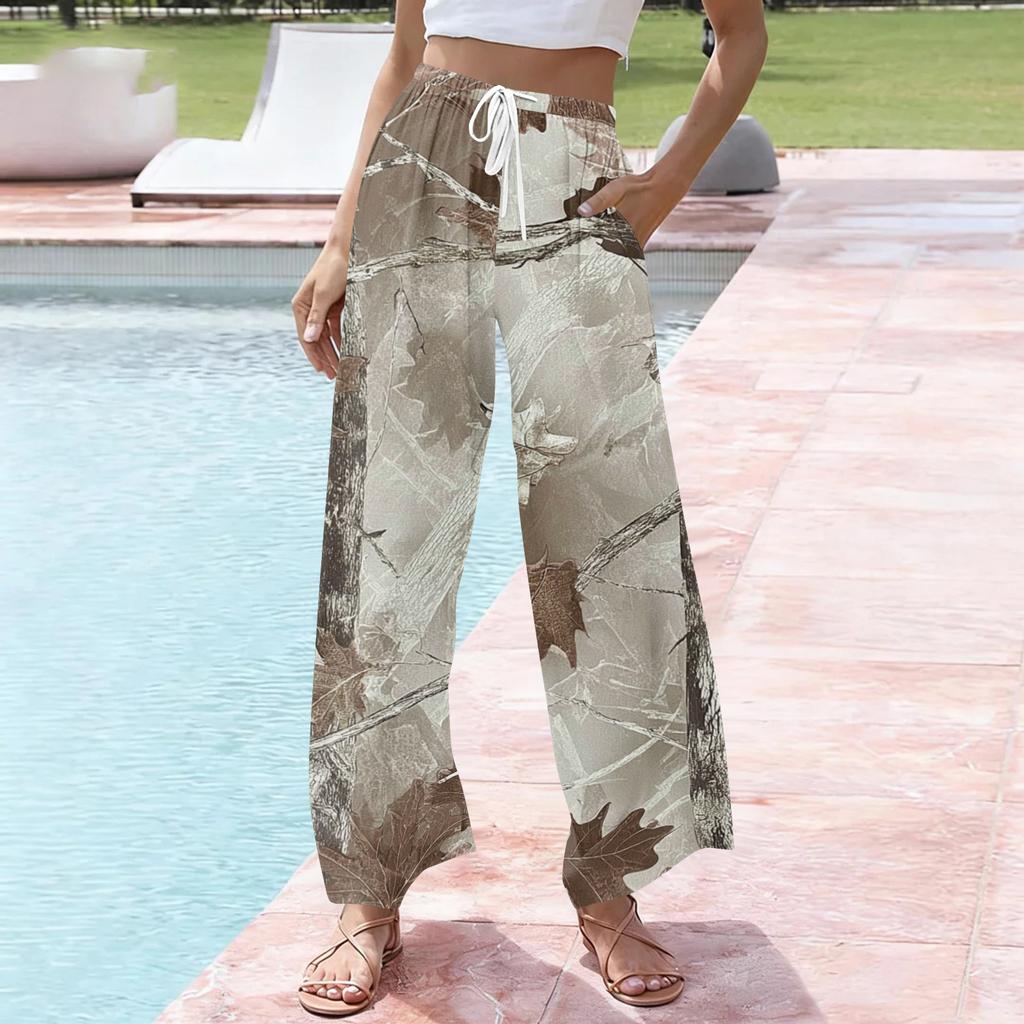 Women’s Wide Leg Drawstring Waist Pants Loose Fit Camouflage Print High Waist Casual Trousers with Pockets for Daily Wear