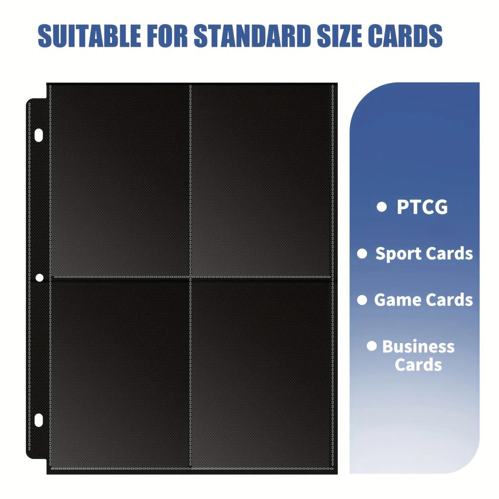 Four-pocket black card sleeve pages, 3-hole double-sided, fits for postcards, photo cards, etc