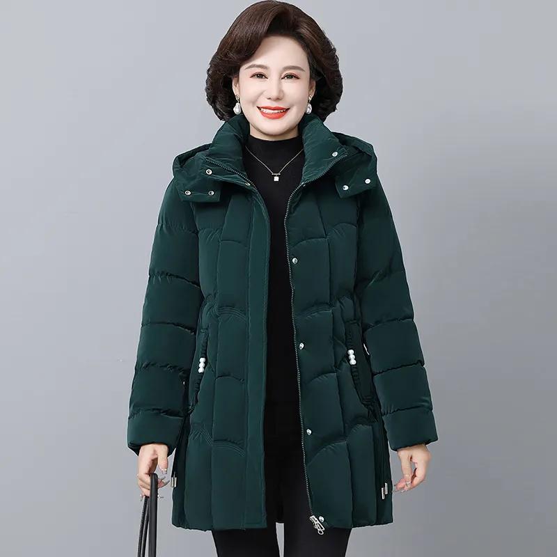 

Женские зимние утолщенные куртки, пуховые хлопковые парки, стеганые с капюшоном и длинными карманами, пальто для женщин среднего возраста 5XL
