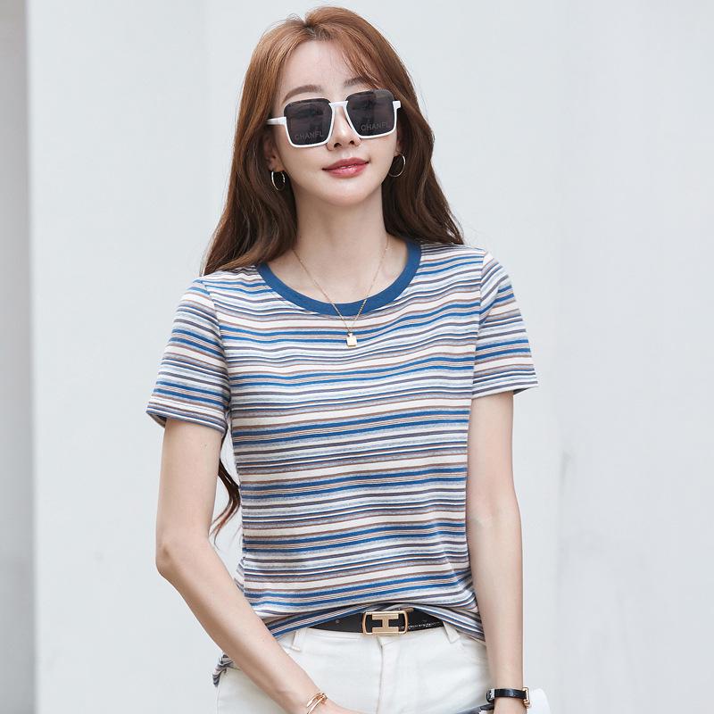 Women's Striped Short-Sleeve Round Neck Loose T-Shirt, Casual Color Block Plus Size, Japanese & Korean Style
