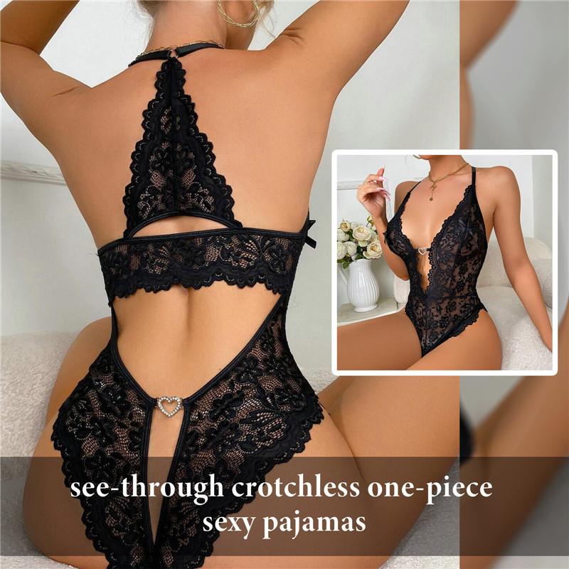 Lingerie Women Lace Transparent Pajamas Set Sexy Sleepwear Deep V Pajama Set Erotic Nightdress