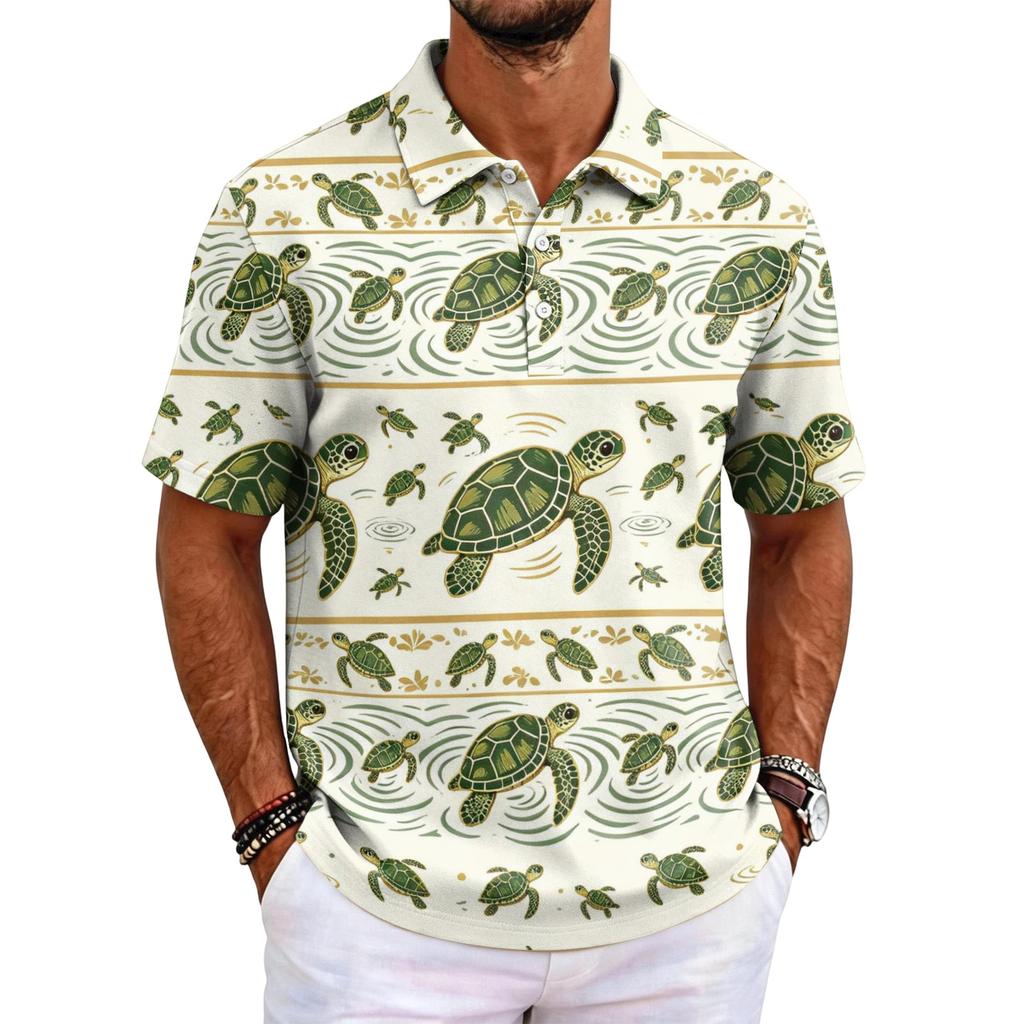 Men's Hawaiian Style Short Sleeve Polo Shirt Loose Fit Casual Top with and Geometric Print for Everyday Wear