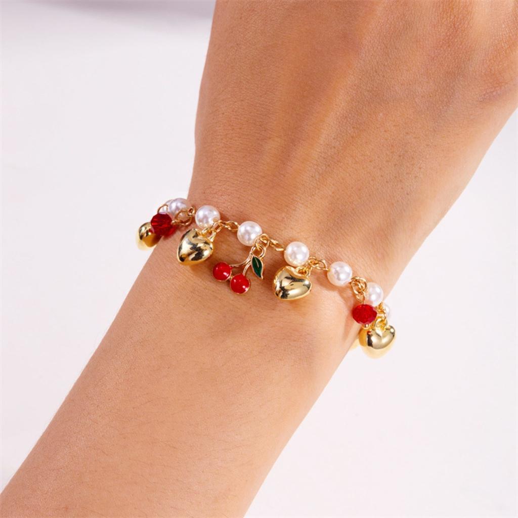 Hypoallergenic Stainless Steel Women's Bracelet with Cherry Strawberry Heart Pearl Chain - Gift Party Bangle Accessory for Girls