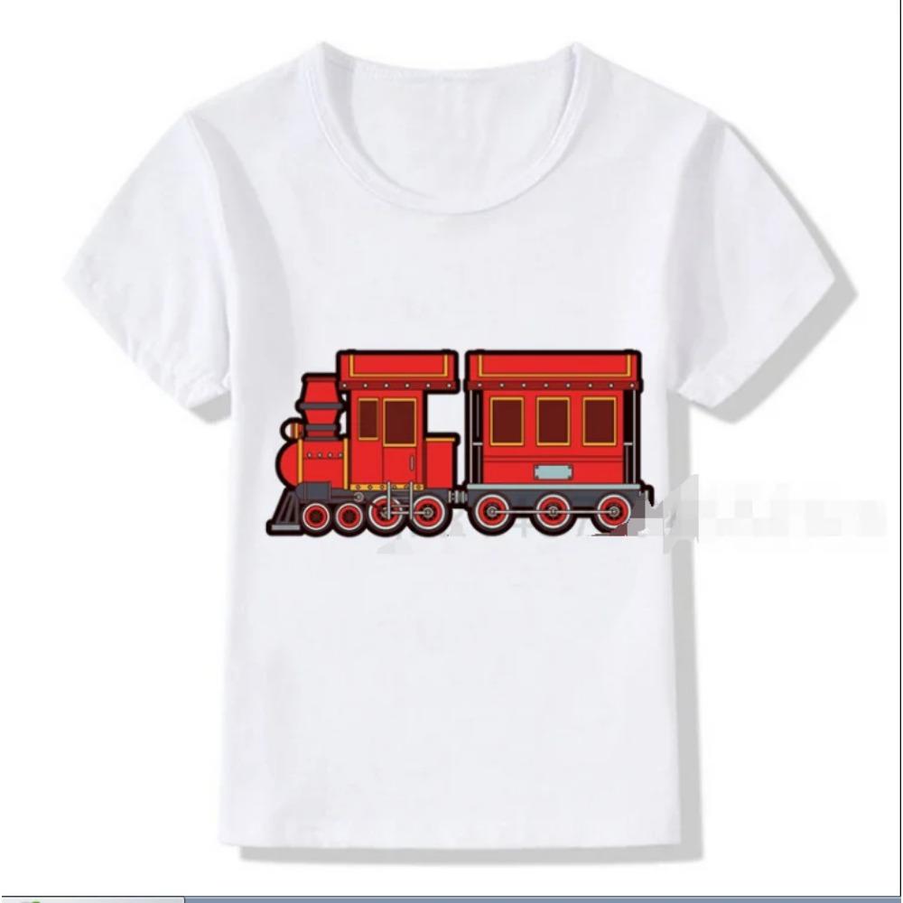 Cartoon Freight Train Baby Boys White T-shirt Funny Summy Kids Fashion Streetwear Tops for Favorite Child