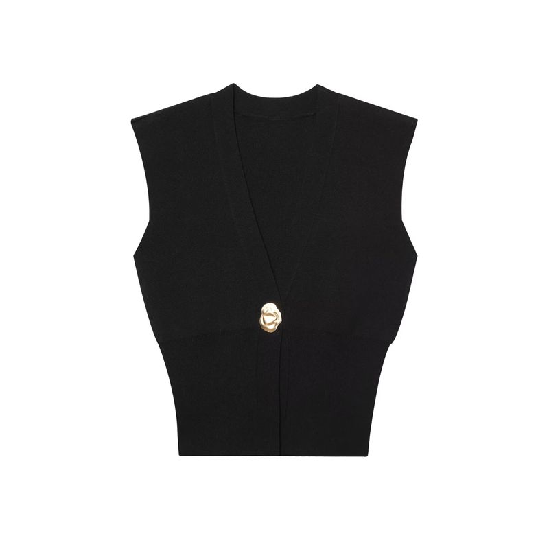 

За Осенние Новинки Женская Одежда Zr Европейский и Американский Стиль Внешнеторговая Мода Универсальный Трикотажный Топ Жилет на Одной Пуговице с V-образным Вырезом Black L