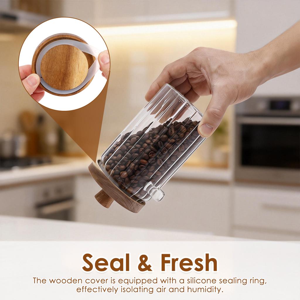 30oz/20oz Glass Jar Transparent Kitchen Storage Jar with Wooden Lid and Spoon Food Storage Containers for Coffee Bean Tea Sugar