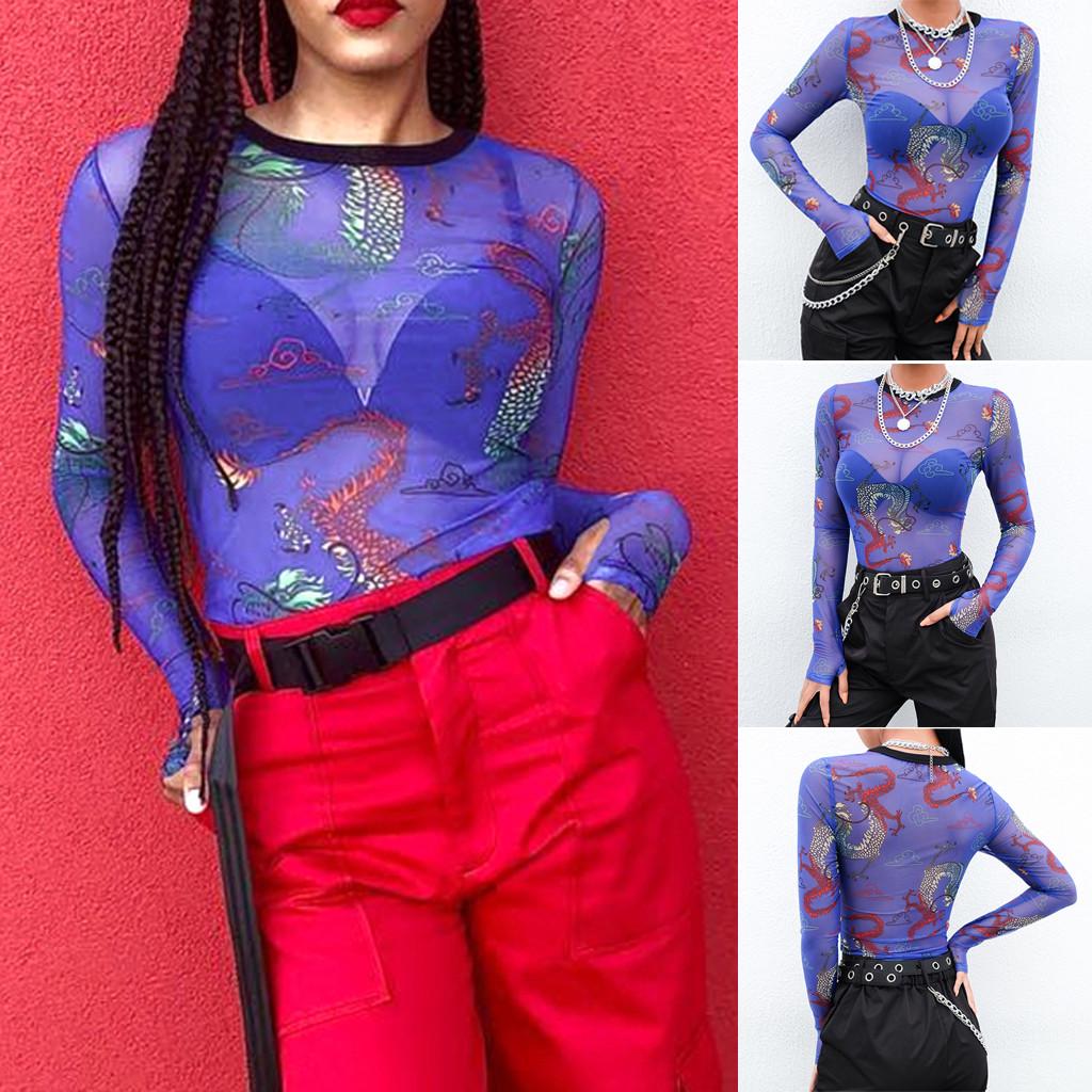 

Модный женский сетчатый топ на пуговицах с длинным рукавом и рисунком дракона