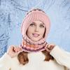 Chapéu Feminino com Cachecol Longo Protetor Facial Completo Quente Tricotado Térmico Lã Inverno Chapéu de Esqui Cor Patchwork Decoração Bola de Pelúcia Acessório de Cabeça para Clima Frio