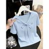 Korean polka dot v-neck short front shoulder short-sleeved t-shirt women's summer new design slim-fit small top trend