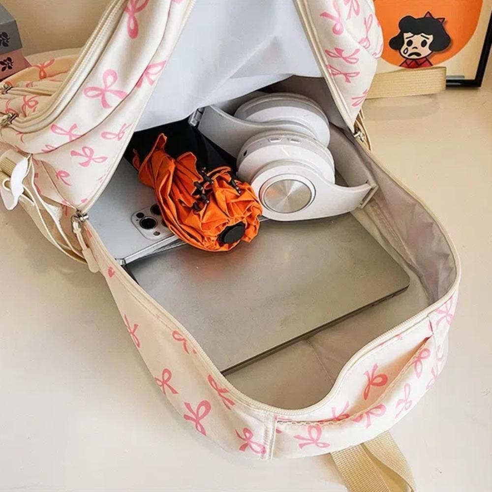 3 Pcs/Set Fashion Large Capacity Bow Backpack Nylon Bow Print School Bag Adjustable Strap Student Backpack