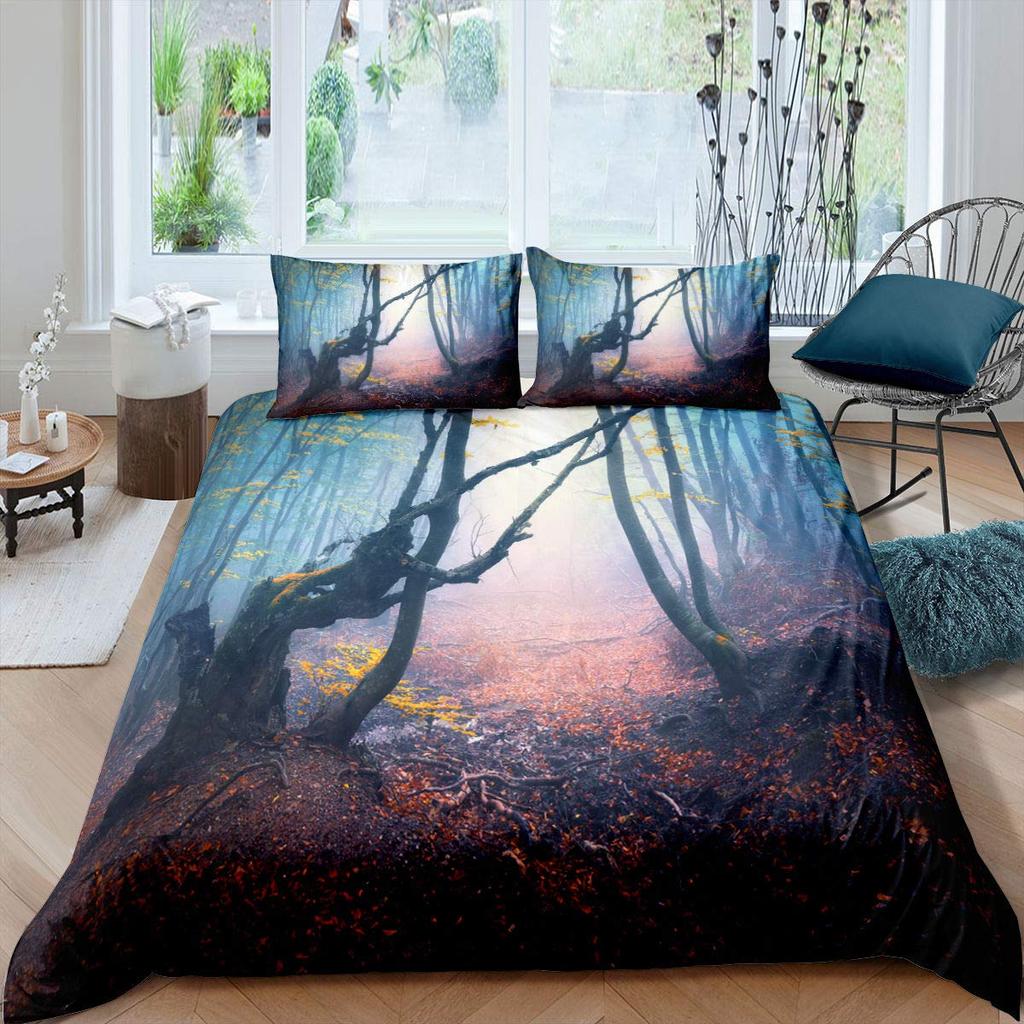 Comforter Autumn Fallen Leaves Red Maple Leaf Nature Bedding Set Sunshine Tree Woods Natural King