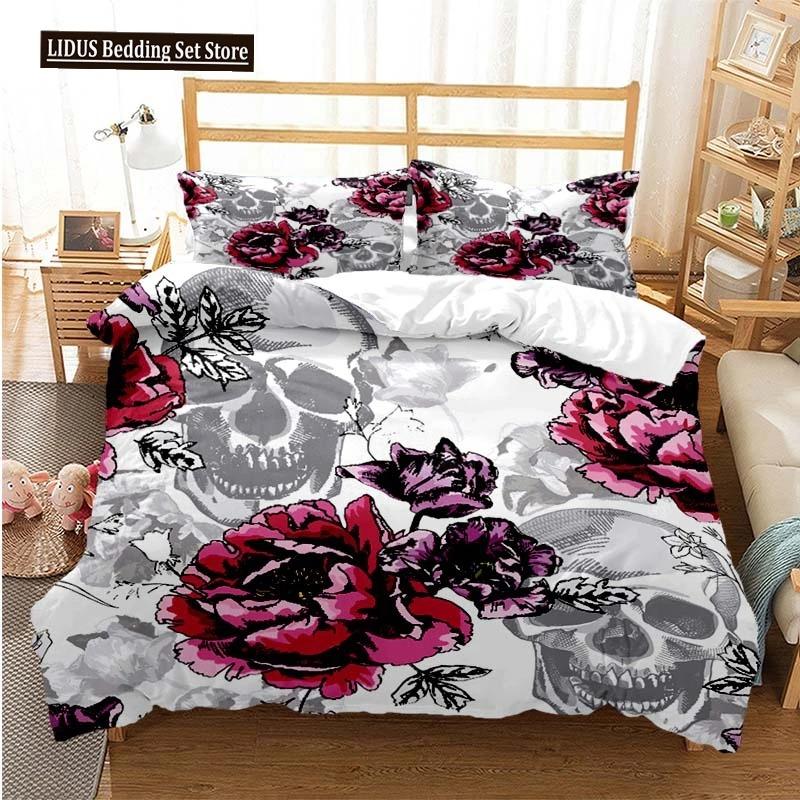 Sugar Skull Duvet Cover Set Queen Size Flowers Skeleton Bed Linen Double Bedding Set With Pillowcase King Size Skull Quilt Cover