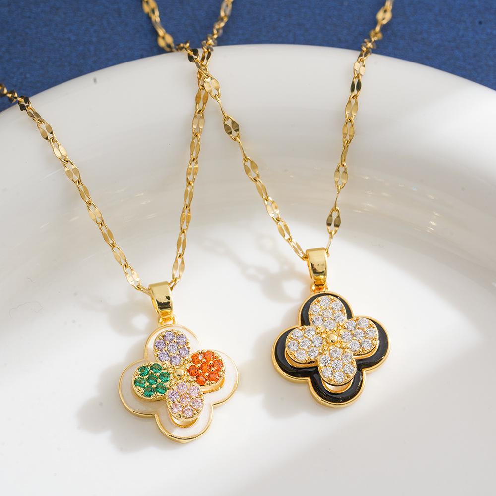 Women's Rotating Four-Leaf Clover Necklace with Colorful Zircon – Elegant Light Luxury Design