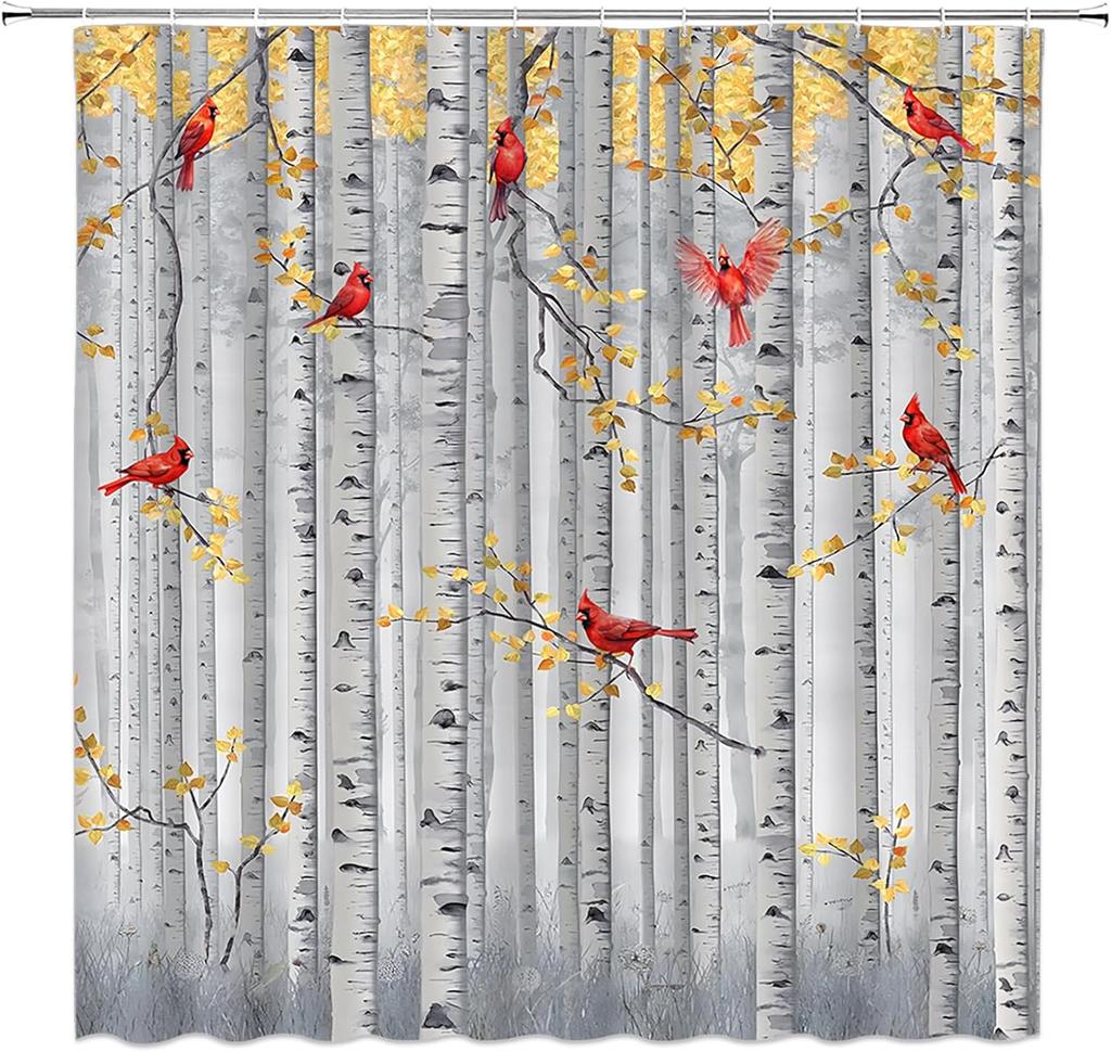 Tree Bird Shower Curtain Rustic Birch Tree Forest Red Bird Yellow Leaves Fall Nature Scenery Plant Bathroom Decor Curtain With